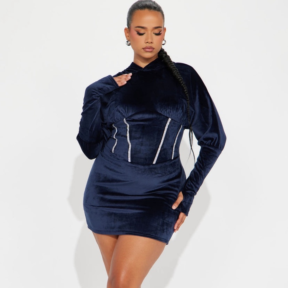 Navy Blue Velour Long Sleeve Dress *missing silver strips infront*